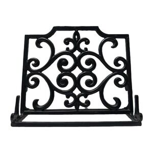 Cast Iron Cookbook Stand Black Fleur De Lis Scroll Vtg Style Recipe Book Holder